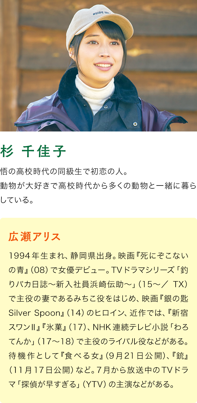 広瀬アリス（杉 千佳子）　1994年生まれ、静岡県出身。映画『死にぞこないの青』（08）で女優デビュー。TVドラマシリーズ「釣りバカ日誌〜新入社員浜崎伝助〜」（15〜／TX）で主役の妻であるみちこ役をはじめ、映画『銀の匙 Silver Spoon』（14）のヒロイン、近作では、『新宿スワンⅡ』『氷菓』（17）、NHK連続テレビ小説「わろてんか」（17〜18）で主役のライバル役などがある。待機作として『食べる女』（9月21日公開）、『銃』（11月17日公開）など。7月から放送中のTVドラマ「探偵が早すぎる」（YTV）の主演などがある。