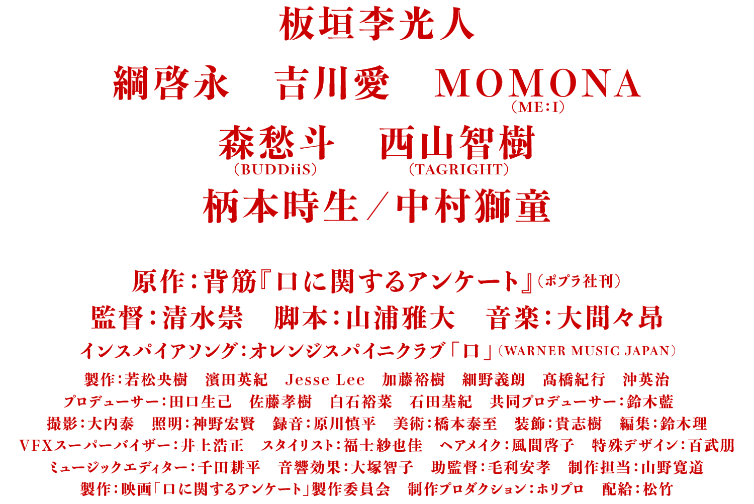 板垣李光人　綱啓永　吉川愛　MOMONA (ME:I)　森愁斗（BUDDiiS）　西山智樹 (TAGRIGHT)　柄本時生 ／ 中村獅童　原作：背筋『口に関するアンケート』（ポプラ社刊）　監督：清水崇　脚本：山浦雅大　音楽：大間々昂　インスパイアソング：オレンジスパイニクラブ「口」(WARNER MUSIC JAPAN)　製作：若松央樹　濱田英紀　Jesse Lee　加藤裕樹　細野義朗　髙橋紀行　沖英治
プロデューサー：田口生己　佐藤孝樹　白石裕菜　石田基紀　共同プロデューサー：鈴木藍　撮影：大内泰　照明：神野宏賢　録音：原川慎平　美術：橋本泰至　装飾：貴志樹　編集：鈴木理　VFXスーパーバイザー：井上浩正　スタイリスト：福士紗也佳　ヘアメイク：風間啓子　特殊デザイン：百武朋　ミュージックエディター：千田耕平　音響効果：大塚智子　助監督：毛利安孝　制作担当：山野寛道　製作：映画「口に関するアンケート」製作委員会　制作プロダクション：ホリプロ　配給：松竹